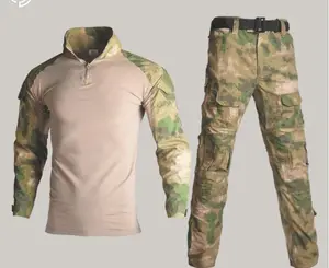 Celana Kaus Lengan Panjang Kamuflase Kustom Set Seragam Pria Taktis Rip-Stop Multicam Hijau