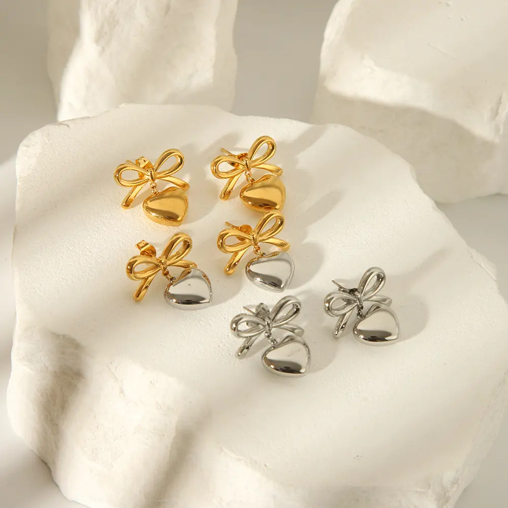 New Commodity Elegant Earrings Fashionable Women Jewelry 18k Gold Stainless Steel Love Heart Pendant Bow Design Earrings Gift