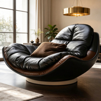 Fauteuil de loisirs en cuir en forme de coquille, bicolore, en cuir véritable, avec coussin, pour villa, hôtel, salon, salle de séjour
