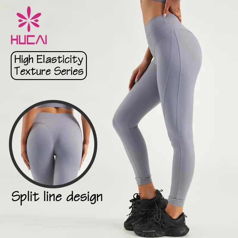 Hucai Oem Custom Logo Hoge Taille Split Lijn Butt Lifting Buik Controle Training Yoga Workout Sport Gym Leggings Voor Vrouwen