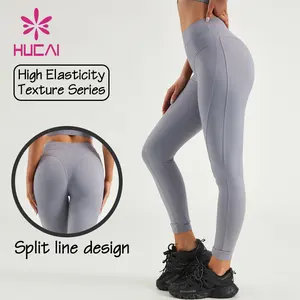 HUCAI OEM custom logo high waist Split line butt lifting tummy control training yoga workout sports gym leggings for women