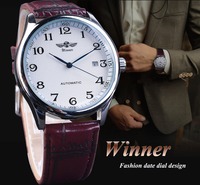 Gagnant Top nouveau luxe rétro classique Design calendrier marron ceinture bleu mains hommes mode automatique mécanique montres Relogio