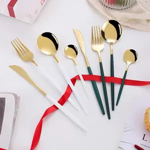 Popular Design Hotel Restaurant Cutlery Set Stainless Steel Knife Spoon and Fork Red Gold Flatware Tableware