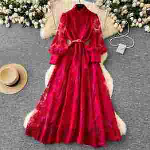 Vestido Midi Casual de Mujer con Manga Linterna y Corte A, Estilo Túnica Romana Tejida Sólida Transpirable de Malla Ecológica, Colección Primavera 2025 - Product Image 1