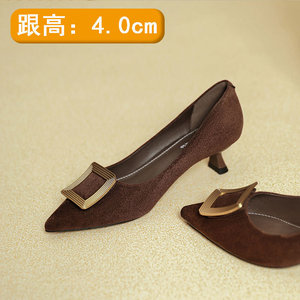 รองเท้าส้นสูงหัวแหลมทรงสลิมสำหรับผู้หญิง สไตล์ใหม่ปี 2025 สำหรับฤดูใบไม้ผลิ-ฤดูใบไม้ร่วง รองเท้าผู้หญิงสีดำหนังกลับกันลื่นแบบปลายเปิด - Product Image 5