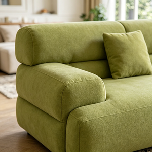 Canapé d'angle moderne et minimaliste en tissu bouclé vert avec accoudoirs rembourrés, pieds en bois et dossier coussiné pour salon - Product Image 2