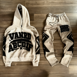 Custom Sweatsuit Manufacturer Oversized Distress Patch Embroidery Acid Wash Hoodie and Sweatpants Set Flared <strong>Tracksuit</strong> for Men - Product Image 4