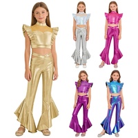 Conjunto de Danza para Niñas de 6 a 16 Años, Top Corto Metálico con Pantalones Acampanados, para Clases de Danza, Espectáculos de Jazz, Fiestas Temáticas