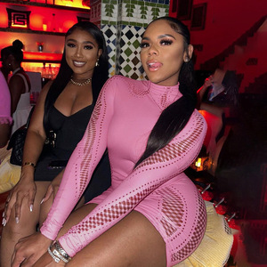 Women's Sexy Tight Fitting Clothing Solid Color Half High Necked Long Sleeved Hollowed Out Slim Fitting Dress Women's Clothing - Product Image 6