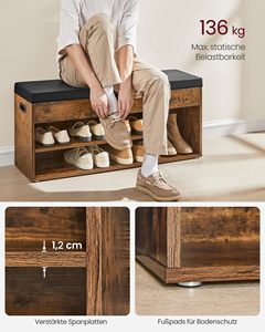 SENYU Rustic Wood <b>Shoe</b> <b>Storage</b> Bench <b>with</b> Cushioned <b>Seat</b> 2-Tier Shelving Entryway Organizer Furniture for Home Use - Product Image 3