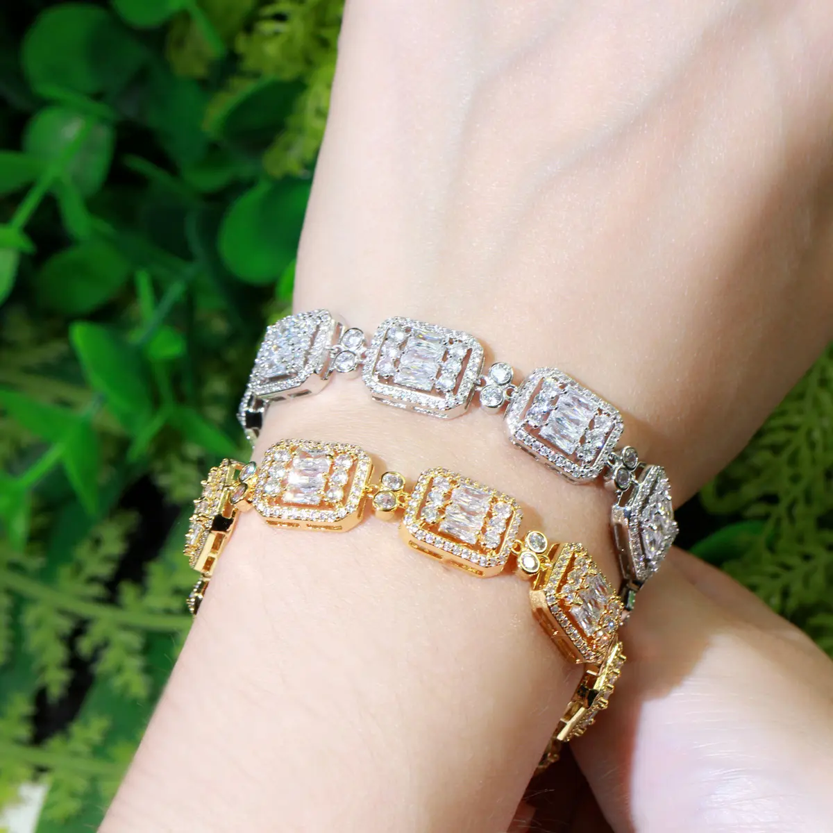 Brésilien or couleur éblouissant Baguette Bracelet femmes cubique zircone carré Tennis Bracelet chaîne mariage mariée fête bijoux