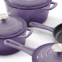 Ensemble de 4 ustensiles de cuisine en fonte émaillée avec cocotte et poêle, résistant au four et au lave-vaisselle, compatible gaz/induction, violet