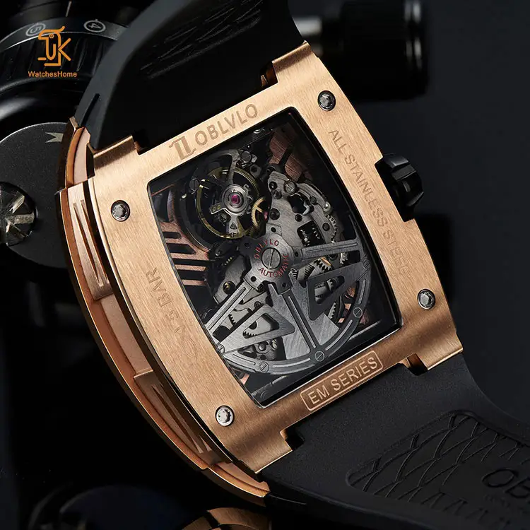 Logo personalizzato Vintage uomo automatico orologio da polso Top Brand Sport oro rosa Tonneau Silicone scheletro orologio meccanico produttore