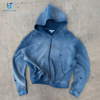 BENTURA Streetwear Manufacturer Men Designer Rivet Custom Waffle Knit Distressed Wash Faded Boxy Oversized Zip up Hoodies