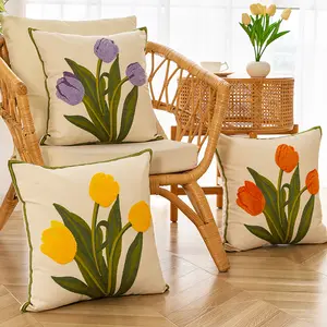 New Boho Cushion Cover Ins Ctyle Tulip Embroidery Velvet Jacquard Pillow Cover for Sofa Couch Bed Chair