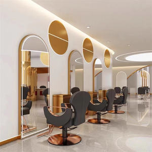 Estación de Barbería Ovalada Dorada con Espejo y Led, Mueble de Lujo de Alta Calidad para Salón con Tres Asientos - Product Image 5