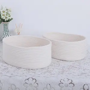 Corda de algodão tecido Desktop armazenamento cesta mesa lanche brinquedo branco cozinha banheiro pano armazenamento cesta com alças