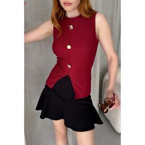 DEFILE Women's <b>Navy</b> Blue Sleeveless Mercerized Blouse with Metal <b>Accessories</b> and Slit Detail for Summer Casual Wear - Product Image 1