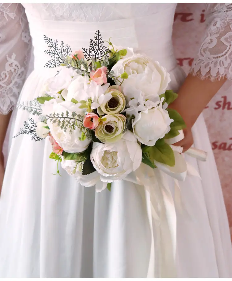 2022ใหม่เจ้าสาวดอกโบตั๋นสีขาวถือช่อดอกไม้ผ้าไหมเทียมดอกไม้งานแต่งงานเพื่อนเจ้าสาวถือดอกไม้