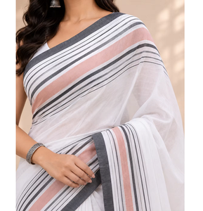 White Cotton Blend Traditional Saree for Women Elegant Soft Lightweight Ethnic Fashion Wear for <b>Office</b> Festival and Events - Product Image 1