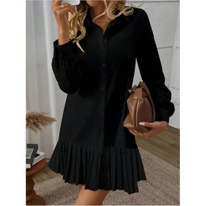 เดรสเชิ้ตผู้หญิงแบบติดกระดุม แขนยาว จับจีบ ทรงสวิง มินิเดรสลำลอง เอวธรรมชาติ ผ้าทอ - Product Image 3