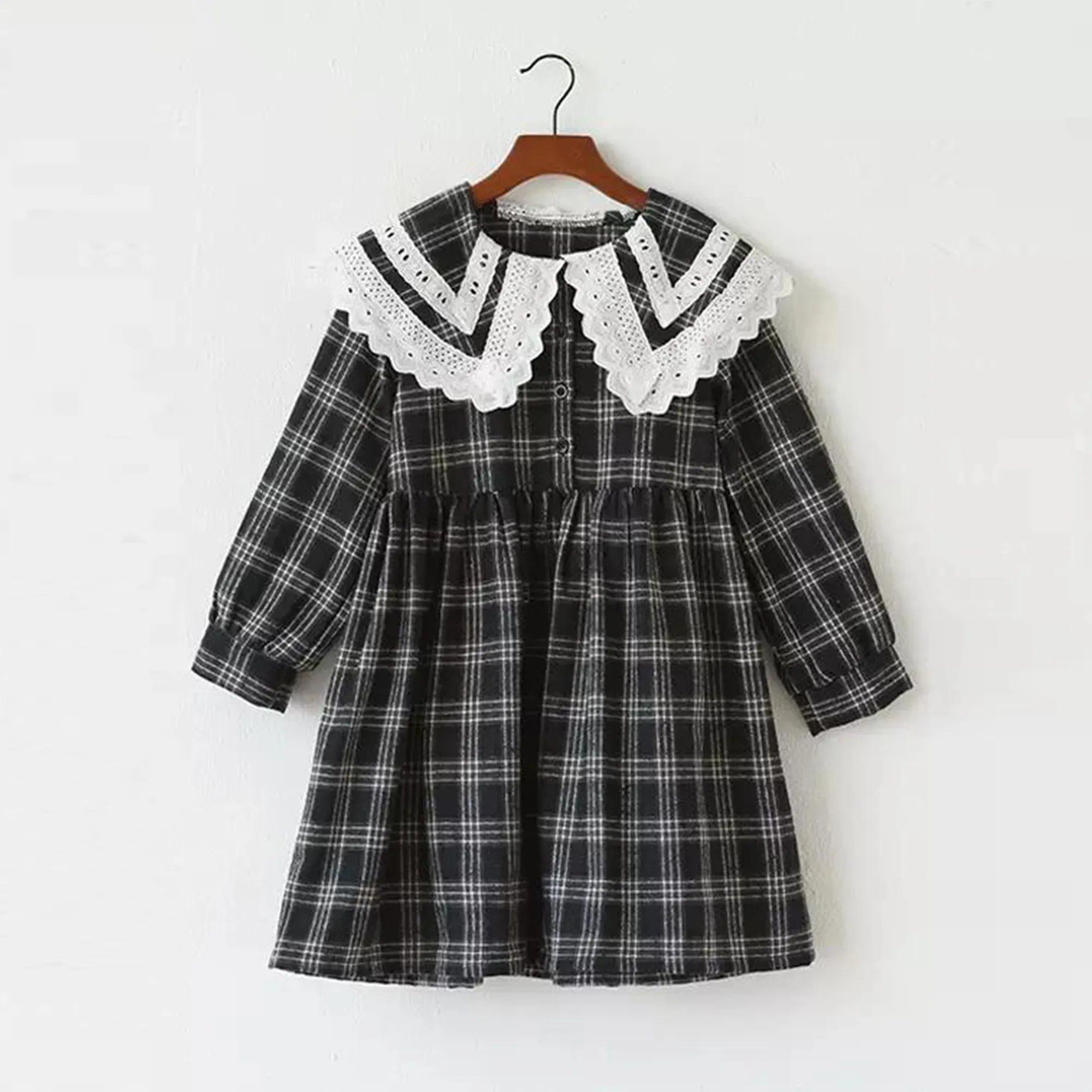 New Herbst Kinder Rock Check einlagigen Kragen Spitze Rand Kleid koreanischen Stil großen Mädchen Rock Vintage Baumwolle Kleid