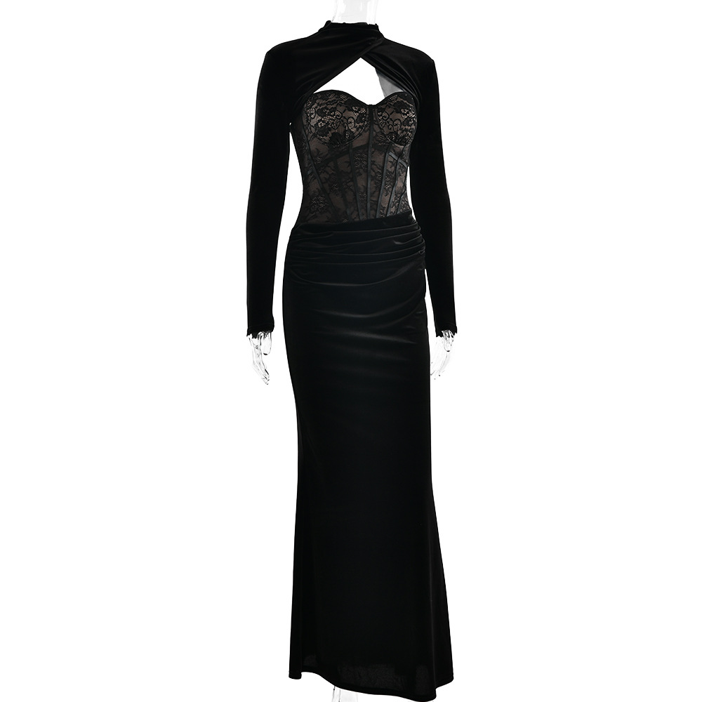 Sexy Hollow Out Backless Long Sleeve Black Lace Women Tight Bodycon Maxi  Long Dress Elegant Ladies Casual Dresses| Alibaba.com