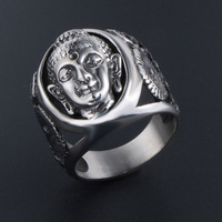 Bague vintage en forme de camée pour homme, en acier inoxydable plaqué argent, avec relief de tête de Bouddha