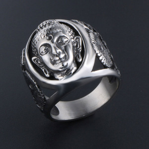 <span class=keywords><strong>Bague</strong></span> vintage en forme de <span class=keywords><strong>camée</strong></span> pour <span class=keywords><strong>homme</strong></span>, en acier inoxydable plaqué argent, avec relief de tête de Bouddha - Product Image 2