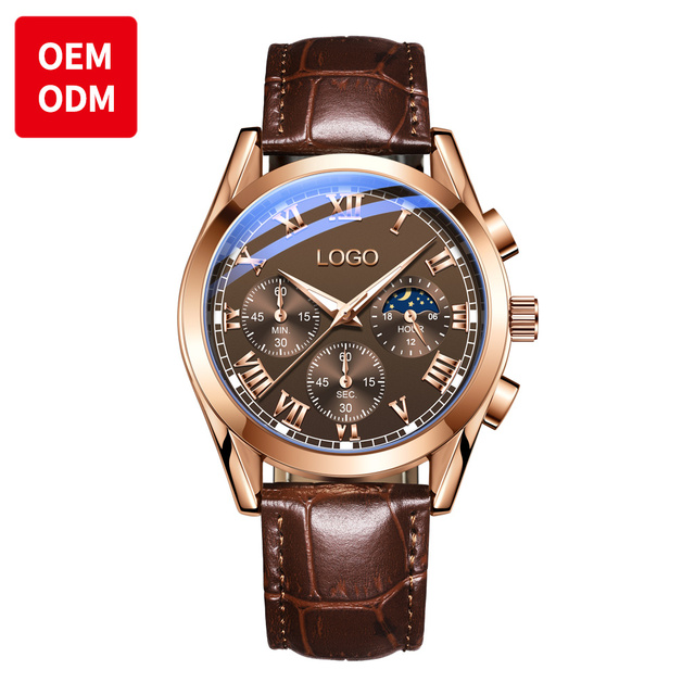 OEM ODM Custom logo Belt Quartz Waterproof Moon Phase Leather Chronograph Fashion Watches Luminous Quartz Wrist Watches for Man