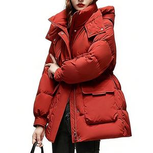Veste d'hiver matelassée décontractée mi-longue à capuche pour femme Boying, cintrée à la taille, unie, coupe-vent, tendance, chaude, vêtements d'extérieur ODM / OEM - Product Image 6