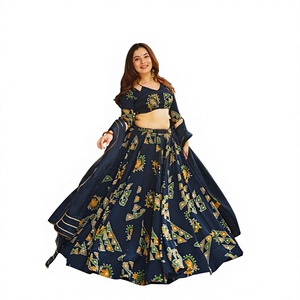 Conjunto de Lehenga Tradicional Indio para Mujer, Bordado, Largo hasta el Suelo, de Rayón Azul Marino con Motivos Impresos Coloridos, Corte Regular - Product Image 1