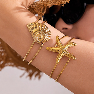 Nouveau Bracelet Manchette Femme <span class=keywords><strong>Série</strong></span> Océan Pentagramme Conque Étoile de Mer en Acier Inoxydable 316L Plaqué Or 18K Étanche pour l'Été - Product Image 2