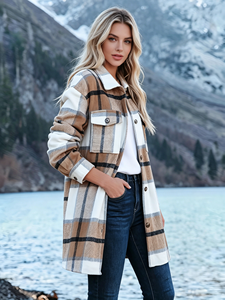 SWEET BABE Womens Short Woven Plaid Oversized Shacket Jacket Casual Full Sleeve Button <b>Down</b> Pocketed Coat for Fall Winter - Product Image 2