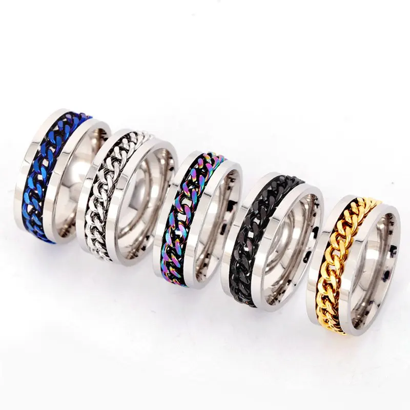 Anillos abiertos de cerveza para hombre, joyería de moda, anillo de acero inoxidable con eslabones cubanos giratorios inteligentes, arcoíris