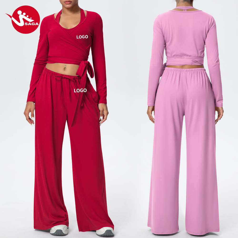 Ballet core Private Label 2 Piece Yoga Set Women Faux Two Piece Long Sleeve Top and Leggings Set Gym Fitness Workout Suit