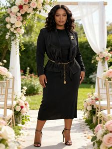 Nuovo Arrivo Elegante Completo Midi con Maniche Lunghe e Frange per Donna Ultima Moda Miyaki Taglie Forti Casual Set Due Pezzi - Product Image 3