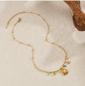 Collier en acier inoxydable plaqué or 18 carats avec pendentifs coquillages et étoiles de mer, thème Hawaï, pour vacances à la plage et voyages - Product Image 6