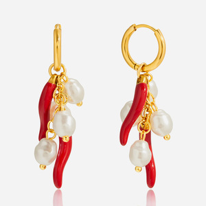 Red Chili Pearl Drop Earrings Stainless Steel Everyday Wear Jewelry for Women - Product Image 1