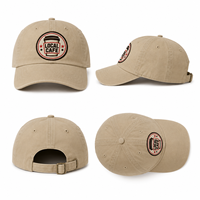 Casquette Dad Cap en coton lavé à calotte souple, avec broderie plate motif Café, pour commande en gros, emballage de détail pour les acheteurs de cadeaux de boulangerie, avec étiquette personnalisée