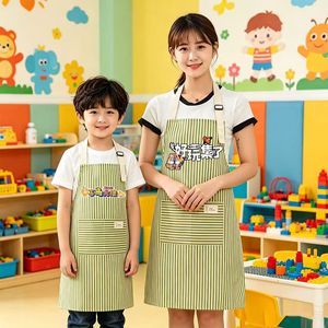 Tablier en coton et lin pour parents et enfants, taille unique, rayures, double poches, réglable, pour la cuisine, les travaux ménagers, quatre saisons - Product Image 1