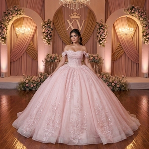 Vestido de Quinceañera Rosa Polvo Mct002 con Drapeado, Mangas Transparentes con Flores 3D, Brillante, para Fiesta de 15 Años, Vestido Natural - Product Image 1