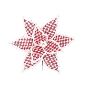 Décorations florales de Noël à carreaux rouges et blancs, tiges de poinsettia en tissu faites à la main pour un arbre de Noël élégant - Product Image 5