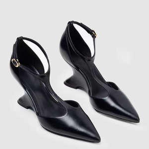 Sandales à bout pointu pour femmes avec brides en T, sexy, à boucles de cheville, talons compensés hauts, escarpins d'été découpés - Product Image 6