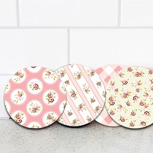 American Country Style Round Flower Checkered Heat Insulation Pad <b>Pink</b> Wooden Cup Mat UV Printed Placemat Picnic Ornament - Product Image 3