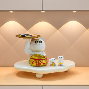 Lucky Cat Resin Ornament With Gold Tray And Money Bag Storage Desktop Decoration For Living Room Or Entryway - Product Image 4