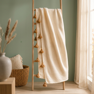 Manta Bohemia de Algodón Orgánico con Borlas, Color Natural, Rectangular, Lavable a Mano, Transpirable, para Todas las Estaciones, Ideal para Viajes, Suave al Tacto - Product Image 3