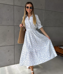 Đầm sơ mi in hoa nữ Đầm midi thắt eo cổ điển Boho Đầm thanh lịch giản dị - Product Image 1