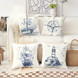 Bantal hias bertema bahari dengan gambar kapal, kompas, dan mercusuar untuk dekorasi rumah bergaya pantai - Product Image 2