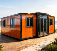Maison Modulaire Préfabriquée Orange Grain de Bois 3 Sections, Maison d'Hôtes en Pack Plat pour Bord de Mer, Installation Rapide, Cadre en Acier Noir Portable